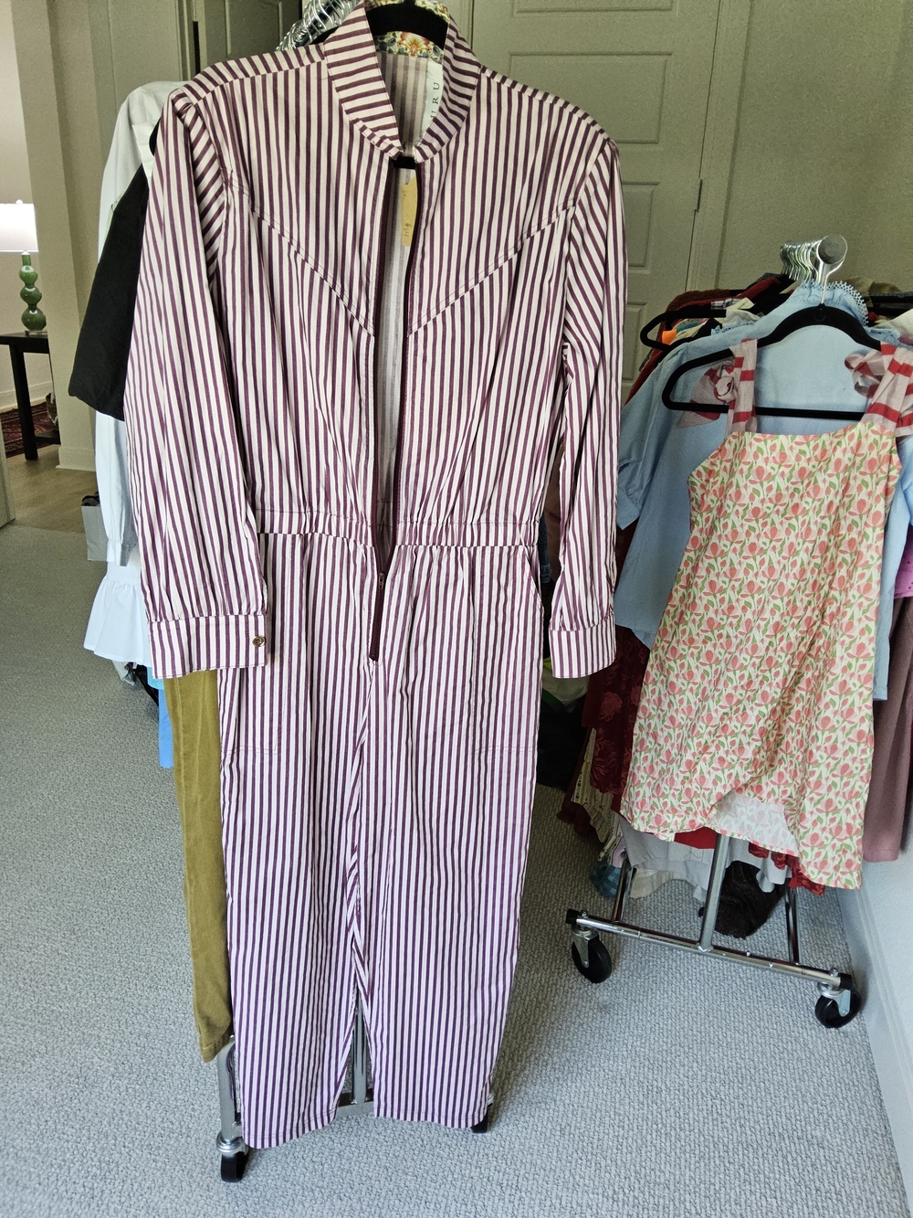 Buru Striped Zip-Front Jumpsuit in Burgundy and White|| Size Large
